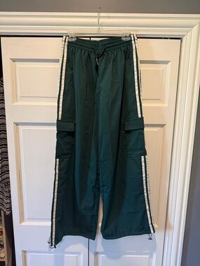 Dark Green Wide Leg Track Pants with White Stripe